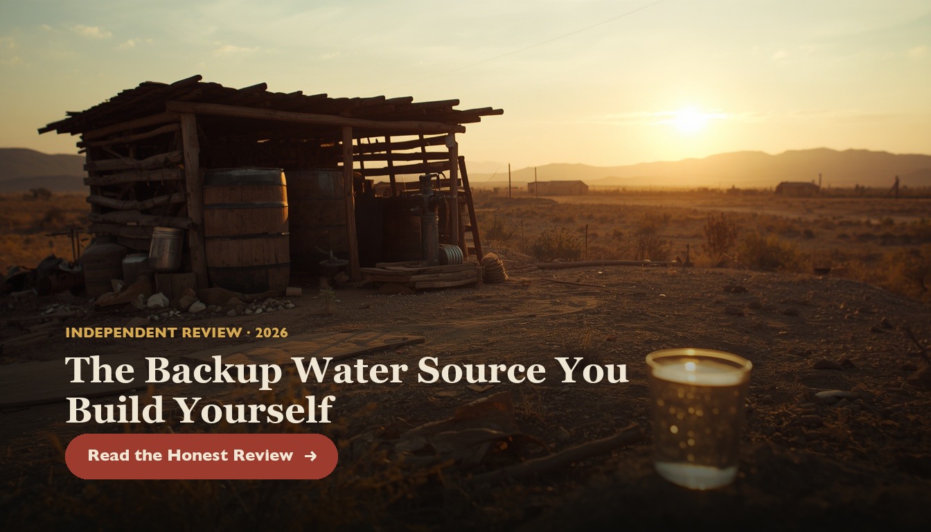 An off-grid homestead water collection setup at golden hour with a glass of clean water